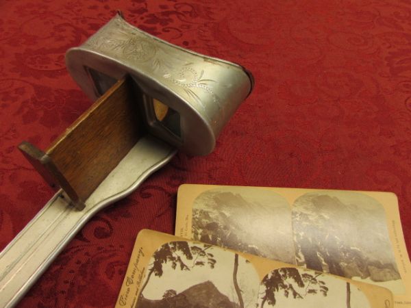 BEFORE THERE WAS TV. . . . ANTIQUE PERFECSCOPE STEREOSCOPE WITH TWO PHOTO CARDS 