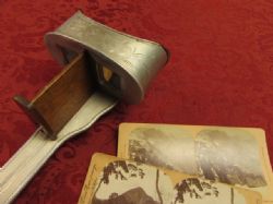 BEFORE THERE WAS TV. . . . ANTIQUE "PERFECSCOPE" STEREOSCOPE WITH TWO PHOTO CARDS 
