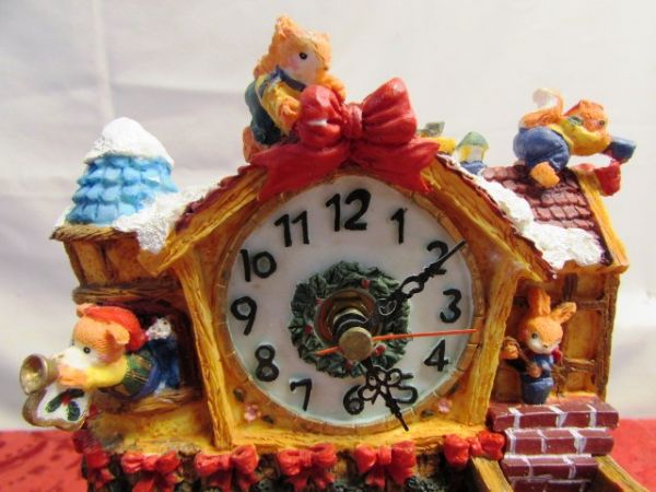 MERRY MERRY!  SANTA'S WORKSHOP PORCELAIN FOUNTAIN CLOCK