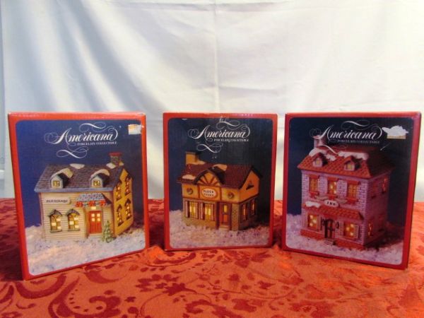 COLLECTABLE PORCELAIN AMERICANA CHRISTMAS VILLAGE HOUSES