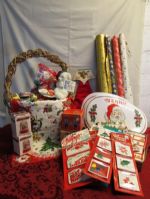BASKET OVERFLOWING WITH CHRISTMAS RIBBON, BOWS, WRAPPING PAPER, GIFT TRIMS, PLACE MATS, TABLE RUNNER & MORE!