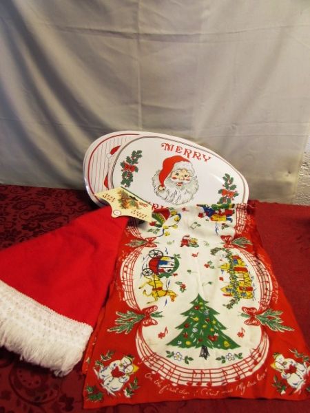 BASKET OVERFLOWING WITH CHRISTMAS RIBBON, BOWS, WRAPPING PAPER, GIFT TRIMS, PLACE MATS, TABLE RUNNER & MORE!