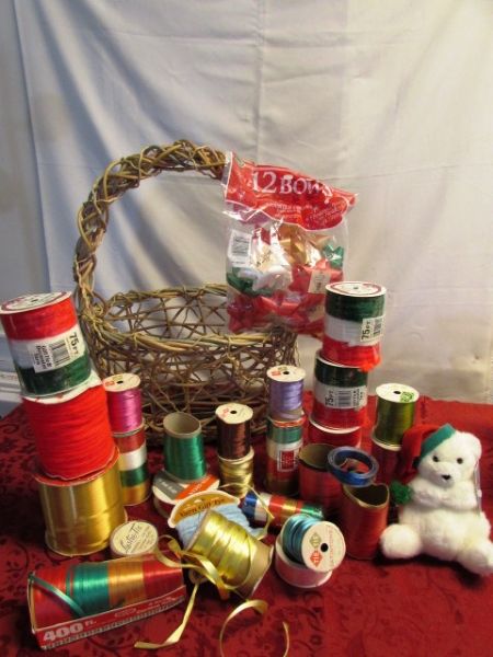 BASKET OVERFLOWING WITH CHRISTMAS RIBBON, BOWS, WRAPPING PAPER, GIFT TRIMS, PLACE MATS, TABLE RUNNER & MORE!