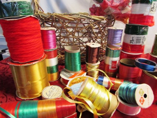 BASKET OVERFLOWING WITH CHRISTMAS RIBBON, BOWS, WRAPPING PAPER, GIFT TRIMS, PLACE MATS, TABLE RUNNER & MORE!