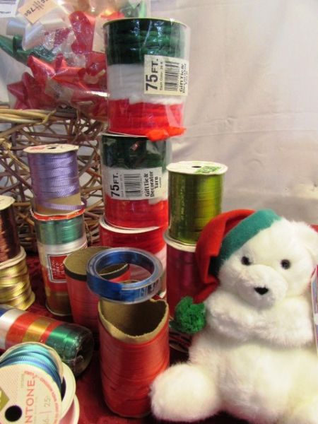 BASKET OVERFLOWING WITH CHRISTMAS RIBBON, BOWS, WRAPPING PAPER, GIFT TRIMS, PLACE MATS, TABLE RUNNER & MORE!