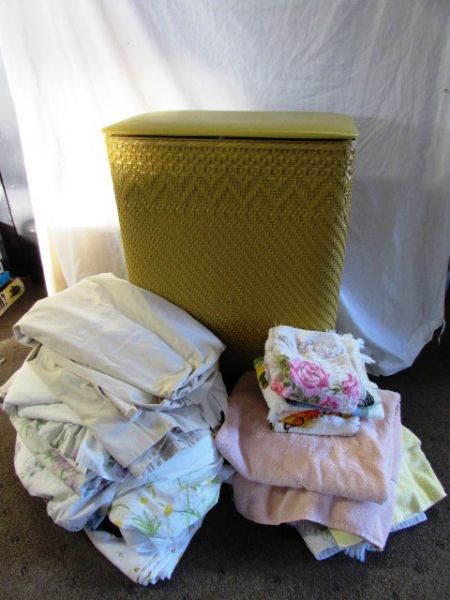 STURDY LIKE NEW HAMPER FULL OF TOWELS & SHEETS