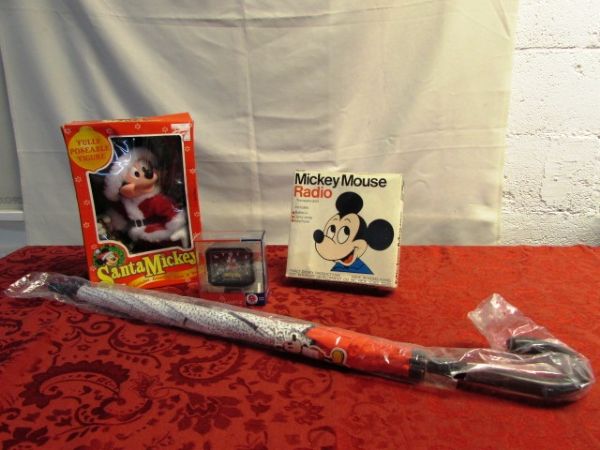 MICKEY MOUSE THEN & NOW TRANSISTORIZED RADIO, ALARM CLOCK, UMBRELLA & SANTA MICKEY