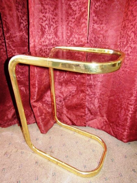 SMALL GLASS & GOLD FINISH SIDE TABLE WITH MOPPET MUSIC BOX & DOLFIN FIGURINE