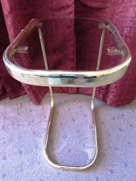 SMALL GLASS & GOLD FINISH SIDE TABLE WITH MOPPET MUSIC BOX & DOLFIN FIGURINE
