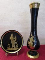 VINTAGE TRADITIONAL BLACK LACQUER  & GOLD  HAND PAINTED WOODEN PLATES & VASES 