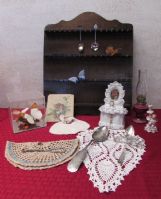 ELECTIC VARIETY OF ANTQUES - SILVER SPOONS, 1870 TRINKET VANITY, BABY BIB & MORE