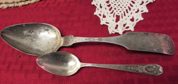 ELECTIC VARIETY OF ANTQUES - SILVER SPOONS, 1870 TRINKET VANITY, BABY BIB & MORE