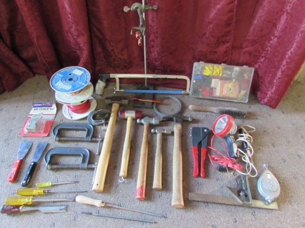 TOOLS - RIVETER, VARIETY OF HAMMERS, SLEDGE, C-CLAMPS ELECTRICAL GOODIES, AND MORE