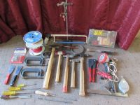 TOOLS - RIVETER, VARIETY OF HAMMERS, SLEDGE, C-CLAMPS ELECTRICAL GOODIES, AND MORE