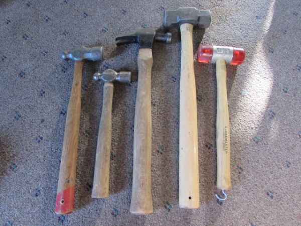 TOOLS - RIVETER, VARIETY OF HAMMERS, SLEDGE, C-CLAMPS ELECTRICAL GOODIES, AND MORE