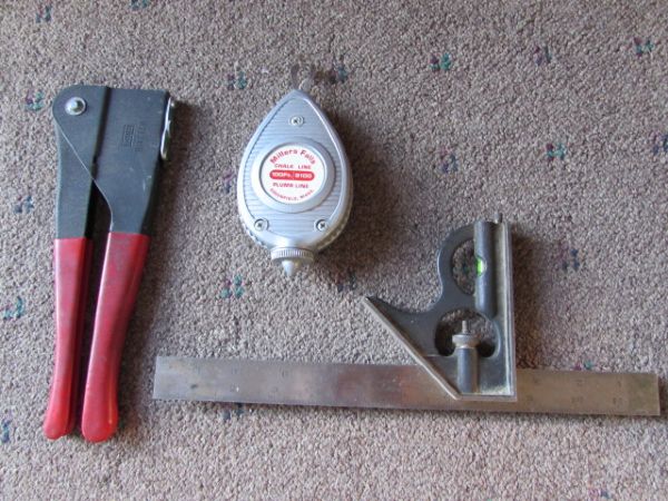 TOOLS - RIVETER, VARIETY OF HAMMERS, SLEDGE, C-CLAMPS ELECTRICAL GOODIES, AND MORE