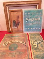QUALITY WOOD PICTURE FRAME, ROOSTER PRINT & TIN SPICE SIGNS,/MATS