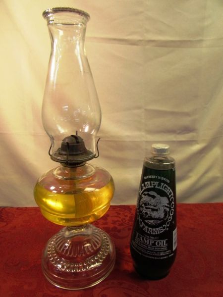 PRETTY GLASS HURRICANE LAMP & LAMP OIL 