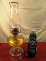 PRETTY GLASS HURRICANE LAMP & LAMP OIL 