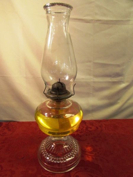 PRETTY GLASS HURRICANE LAMP & LAMP OIL 