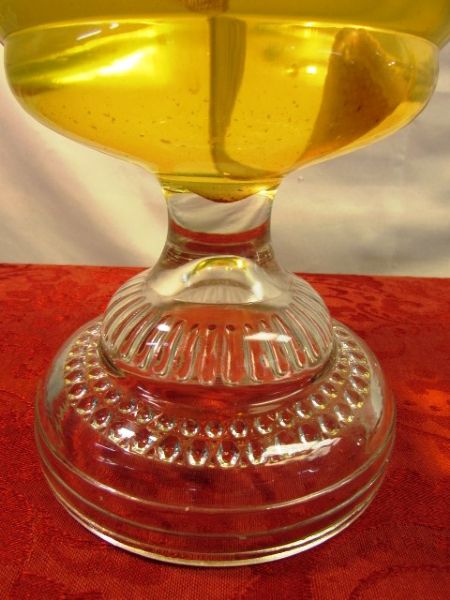 PRETTY GLASS HURRICANE LAMP & LAMP OIL 