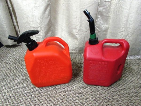 TWO GAS CANS, OIL CATCH PAN, FUNNEL