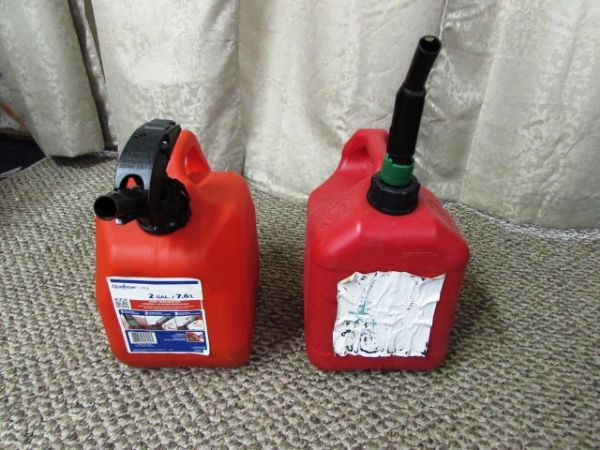 TWO GAS CANS, OIL CATCH PAN, FUNNEL