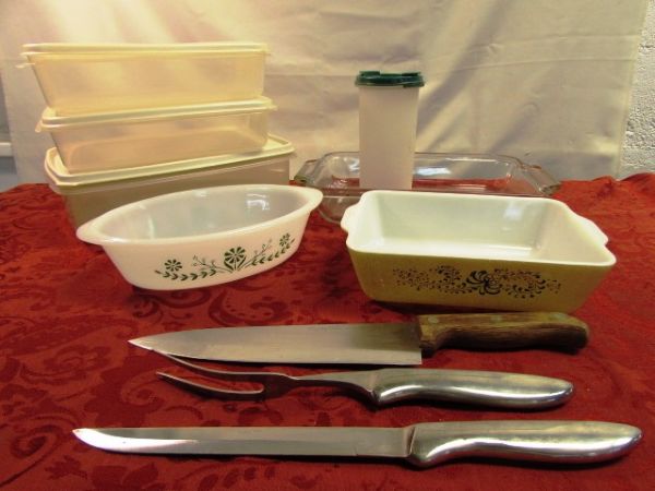 PYREX, GLASBAKE & ANCHOR OVENWARE, TUPPERWARE SHAKE N POUR, FOOD STORAGE CONTAINERS & CUTLERY 