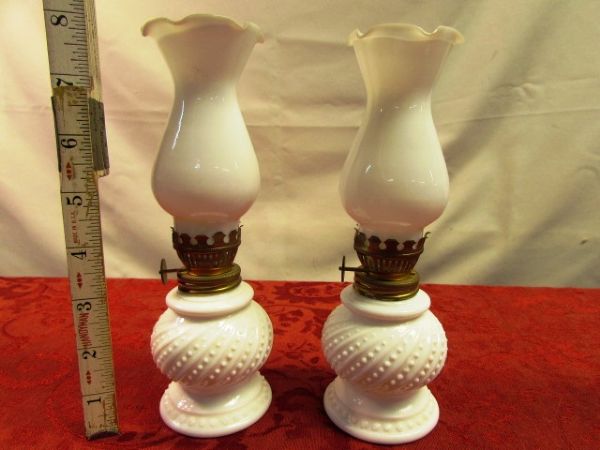 VINTAGE & UNIQUE MINIATURE CROWN MILK GLASS HURRICANE LAMPS, CERAMIC KEWPIE, TEA CUPS & SAUCERS & TWO RUFFLE TOP BUD VASES