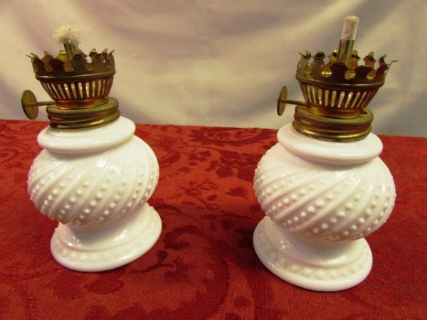 VINTAGE & UNIQUE MINIATURE CROWN MILK GLASS HURRICANE LAMPS, CERAMIC KEWPIE, TEA CUPS & SAUCERS & TWO RUFFLE TOP BUD VASES