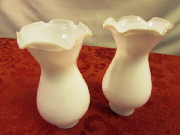 VINTAGE & UNIQUE MINIATURE CROWN MILK GLASS HURRICANE LAMPS, CERAMIC KEWPIE, TEA CUPS & SAUCERS & TWO RUFFLE TOP BUD VASES