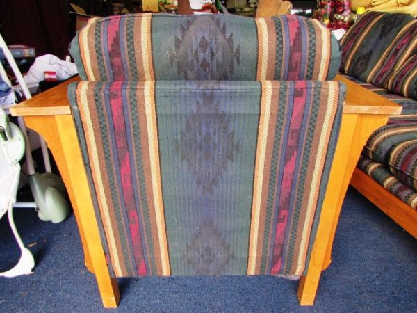 REPRODUCTION MISSION STYLE NAVAJO PRINT WOOD FRAMED ARM CHAIR 