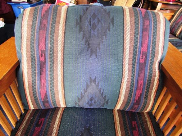 REPRODUCTION MISSION STYLE NAVAJO PRINT WOOD FRAMED ARM CHAIR 