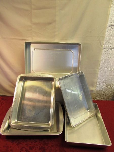 NEVER USED VINTAGE CENTURY ALUMINUM PANS, TUPPERWARE MEASURING CUPS, SIFTER & MORE