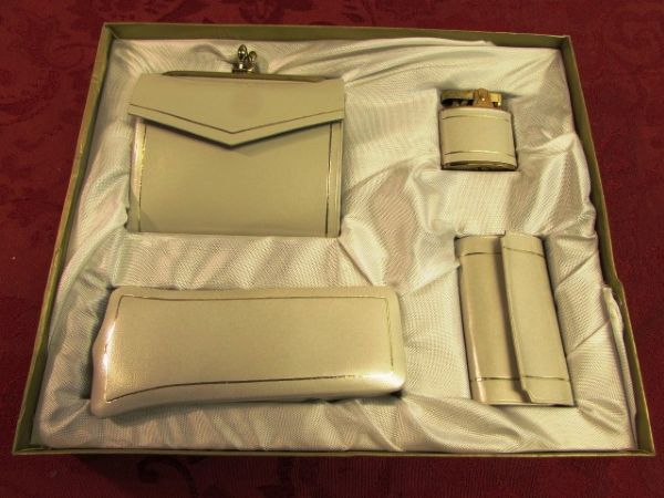 VINTAGE GIFT SET STILL IN BOX - PEARLIZED WALLET, KEY HOLDER, LIGHTER & CIGARETTE POUCH