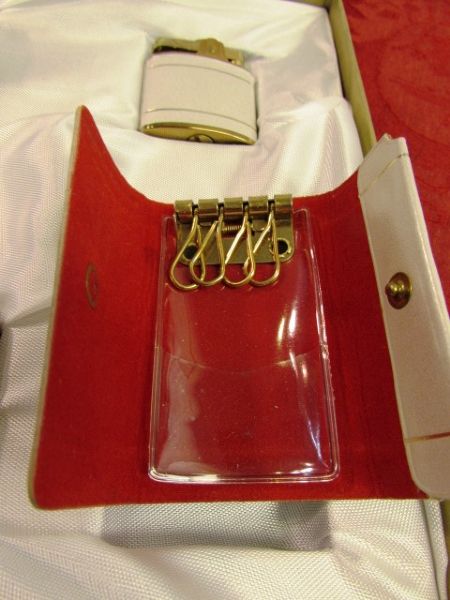 VINTAGE GIFT SET STILL IN BOX - PEARLIZED WALLET, KEY HOLDER, LIGHTER & CIGARETTE POUCH