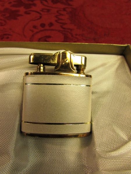 VINTAGE GIFT SET STILL IN BOX - PEARLIZED WALLET, KEY HOLDER, LIGHTER & CIGARETTE POUCH