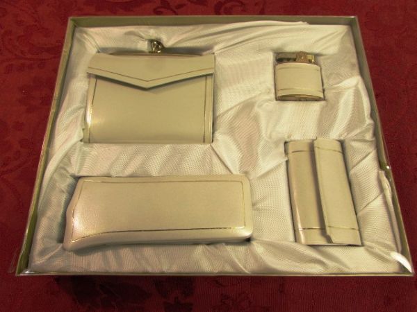 VINTAGE GIFT SET STILL IN BOX - PEARLIZED WALLET, KEY HOLDER, LIGHTER & CIGARETTE POUCH