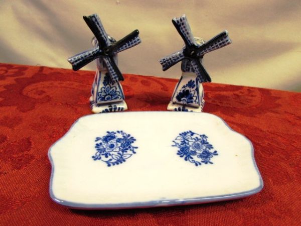 ADORABLE DUTCH COLLECTABLES!   DELFT TILES & SALT & PEPPER SET, WOODEN DUTCH SHOE LAMP & MORE