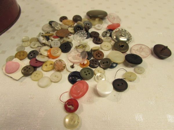 BUTTON BOX!  VINTAGE TIN FULL OF BUTTONS!