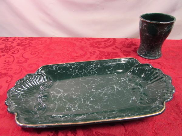 ELEGANT FAUX MARBLE BATHROOM ACCESSORIES - WASTE BASKET, KLEENEX COVER, TRAY, SOAP DISH, TOOTH BRUSH HOLDER & . . . . .