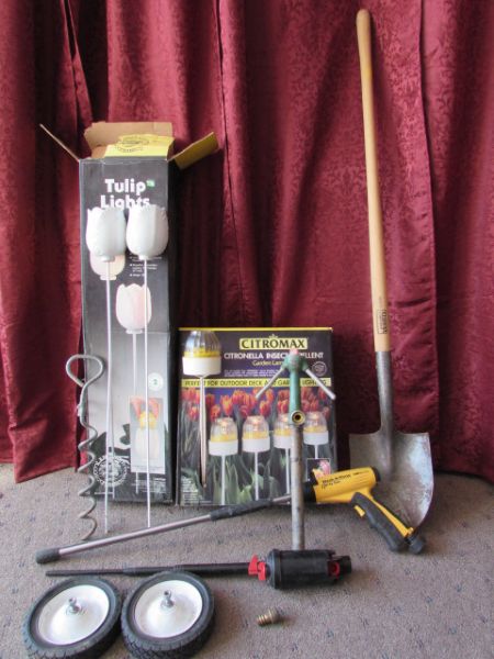 CITROMAX GARDEN LIGHTS, BONAIRE WASH N RINSE SPRAY GUN, SHOVEL AND MORE