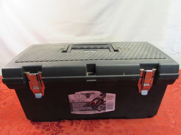 DURA-BULL TOOL BOX FULL OF TOOLS INCLUDING CRAFTSMAN & SNAP ON PLUS BLACK & DECKER DRILL