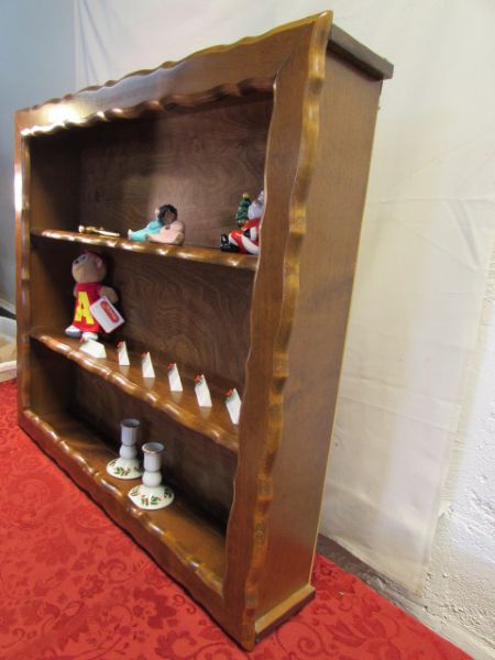 ELEGANT  KNICK KNACK  DISPLAY SHELF WITH SOME STARTER COLLECTIBLES.