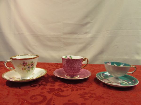 COLORFUL HAND PAINTED TEA CUPS & SAUCERS