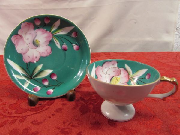 COLORFUL HAND PAINTED TEA CUPS & SAUCERS