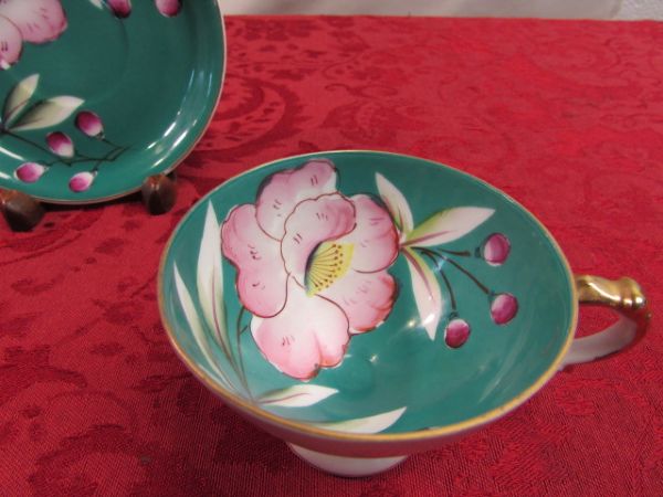 COLORFUL HAND PAINTED TEA CUPS & SAUCERS