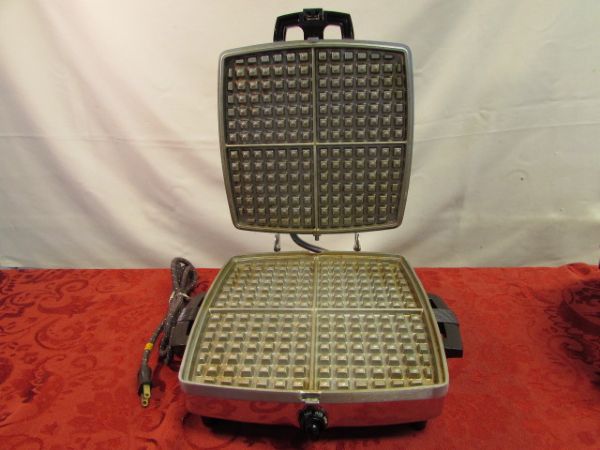 BREAKFAST IS SERVED - VINTAGE TOASTMASTER WAFFLE MAKER, GRIDDLE, FIREKING MIXING BOWL, FEDERAL HEAT PROOF BOWLS & MORE