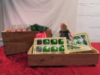 TWO RUSTIC WOODEN BOXES WITH VINTAGE PEPSI PINT BOTTLES & CHRISTMAS DECORATIONS
