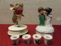 MOPPET ANGEL & GIBSON MOUSE MUSIC BOXES, 4 MINI HOLIDAY CANDLESTICKS